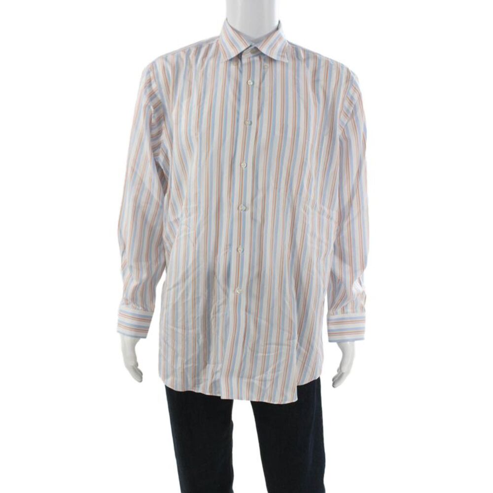 Paul Fredrick Mens Button Front Collared Striped Shirt White Blue Orange 16.5